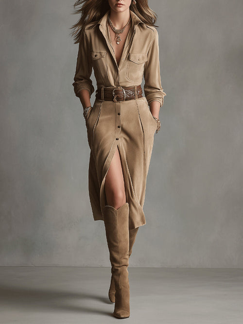 Chicyis Brown Suede Button-Front Midi Dress - Elegant Belted Fit