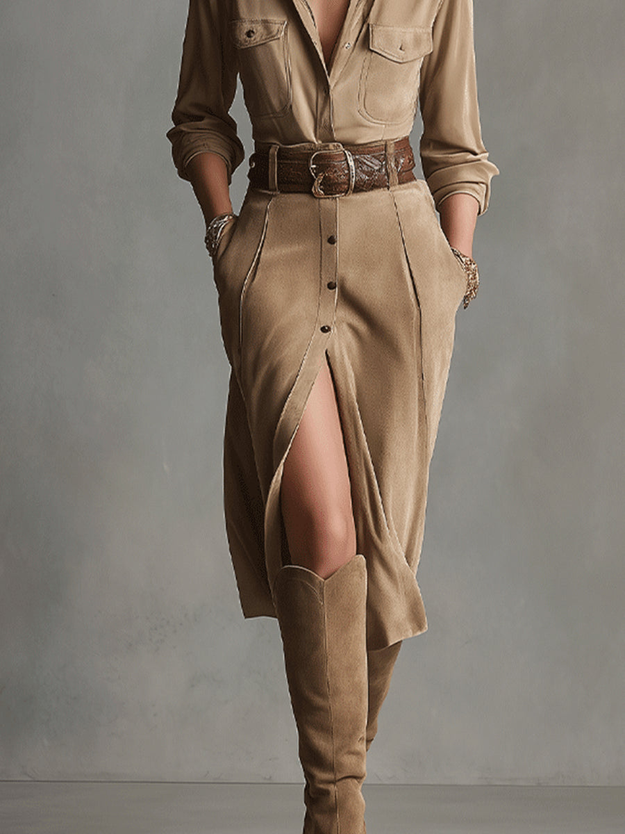 Chicyis Brown Suede Button-Front Midi Dress - Elegant Belted Fit