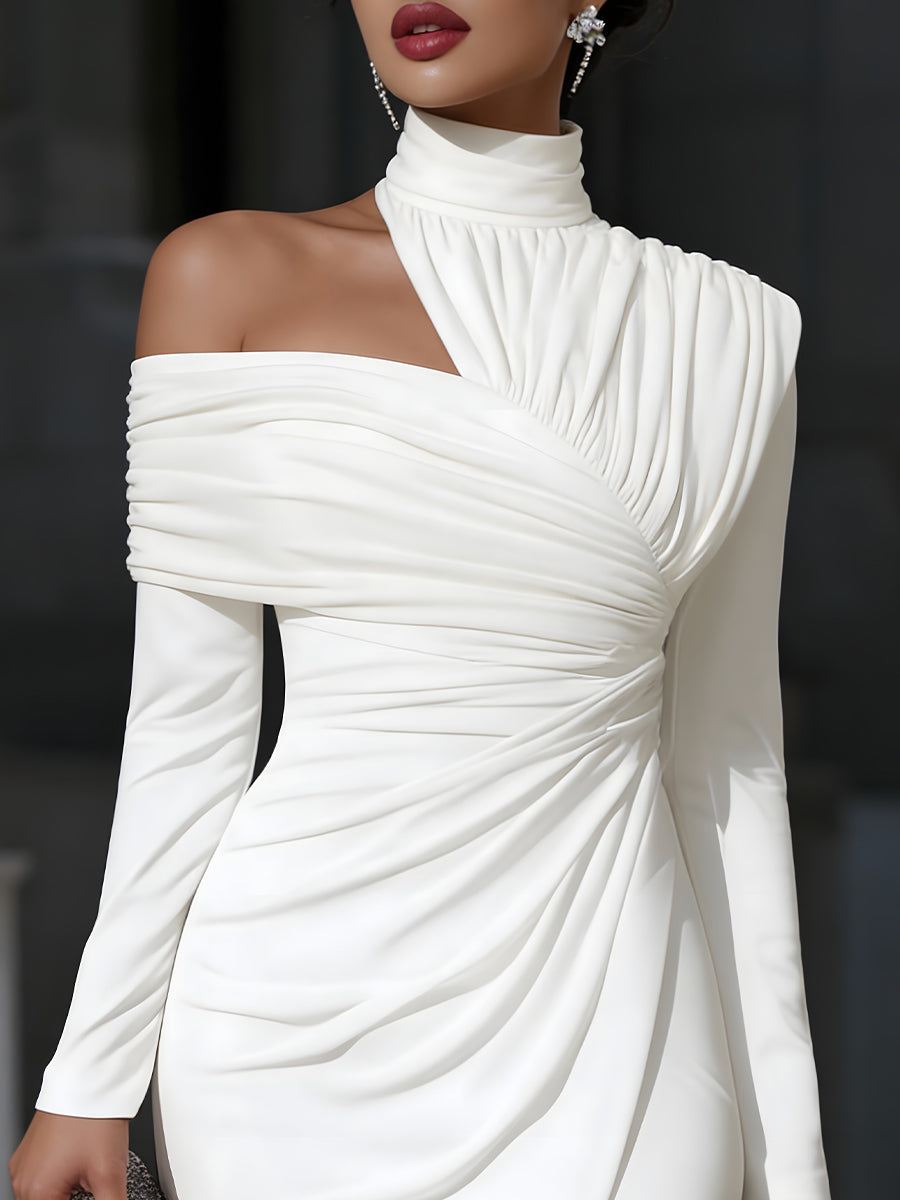 Chicyis White Asymmetric High-Neck Midi Dress - Elegant One-Shoulder Fit