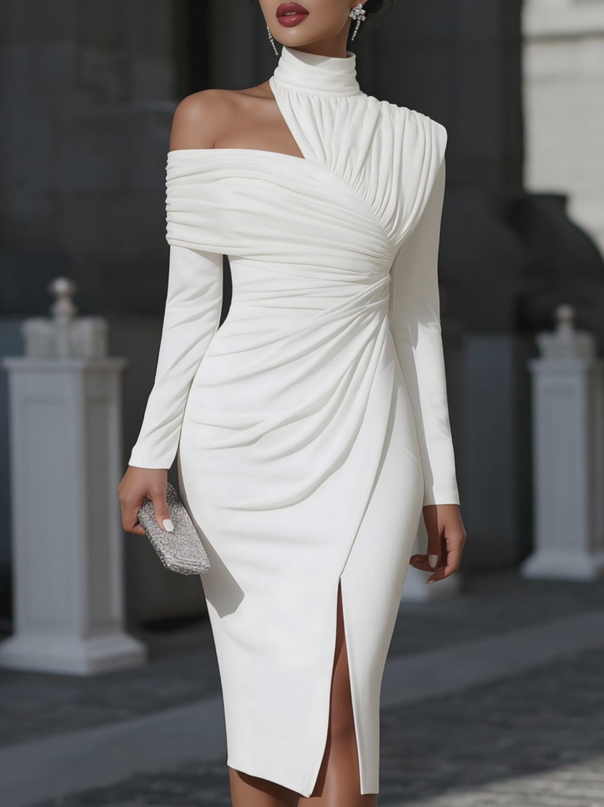 Chicyis White Asymmetric High-Neck Midi Dress - Elegant One-Shoulder Fit