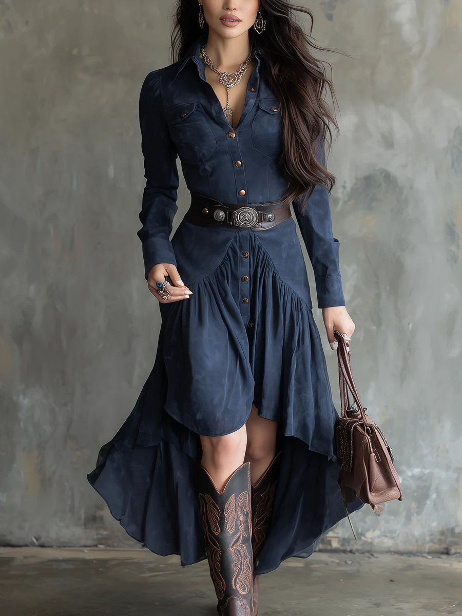 Chicyis Elegant Blue Button-Down Midi Dress - Chic Pocket & Belt Fit