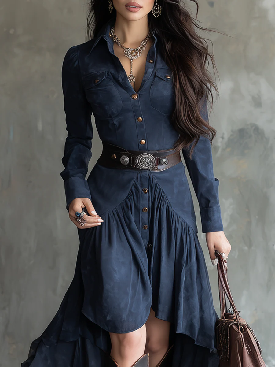Chicyis Elegant Blue Button-Down Midi Dress - Chic Pocket & Belt Fit