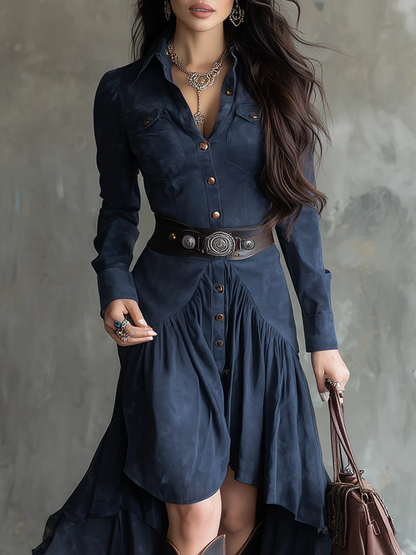 Chicyis Elegant Blue Button-Down Midi Dress - Chic Pocket & Belt Fit