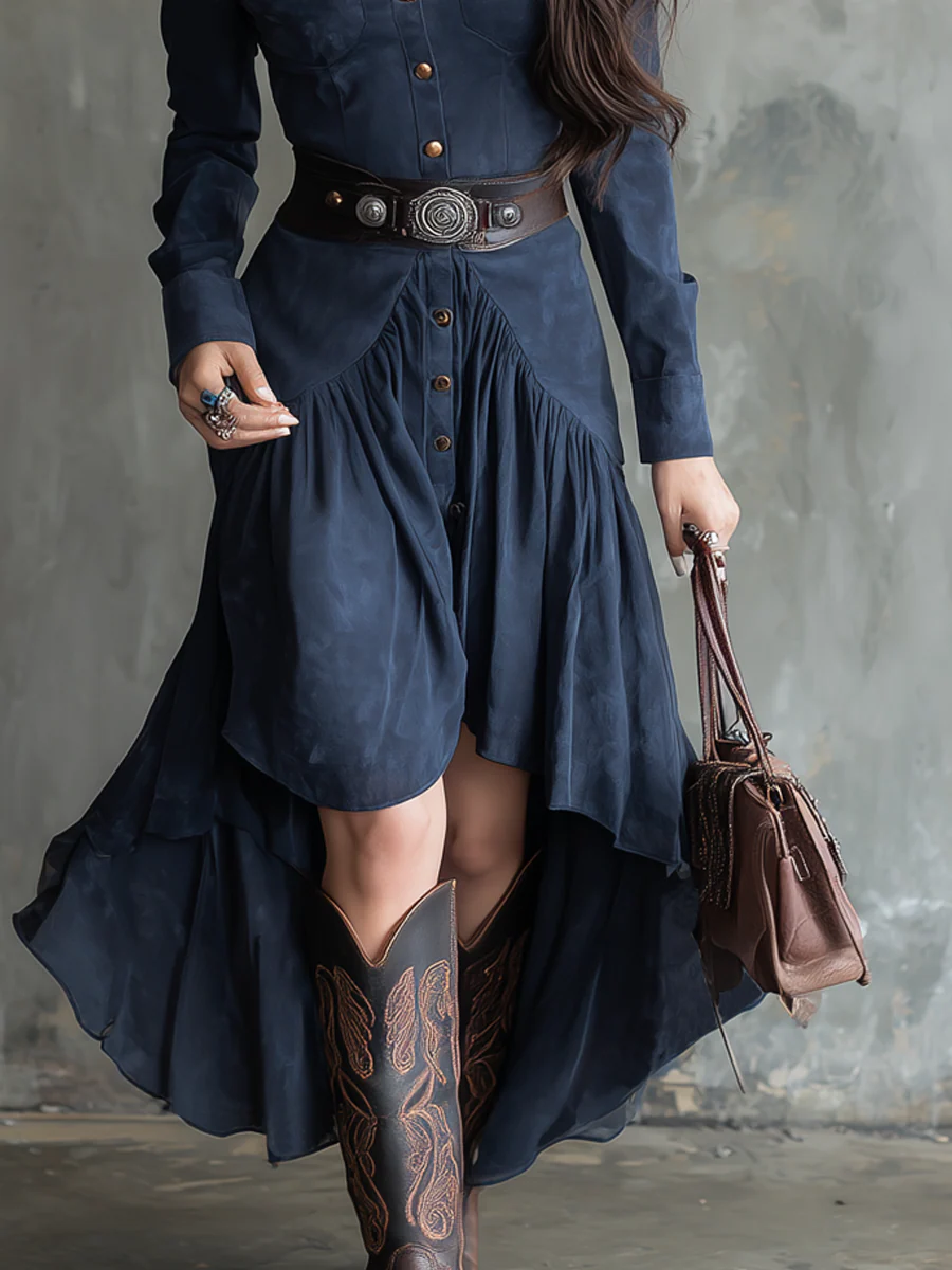 Chicyis Elegant Blue Button-Down Midi Dress - Chic Pocket & Belt Fit