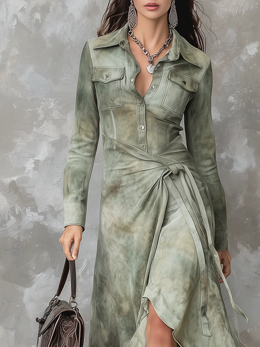 Chicyis Sage Green Tie-Dye Maxi Dress - Pocket & Wrap Fit