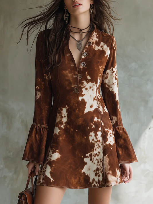 Chicyis Brown Cow Print Mini Dress - Button Down Flare Sleeve Boho