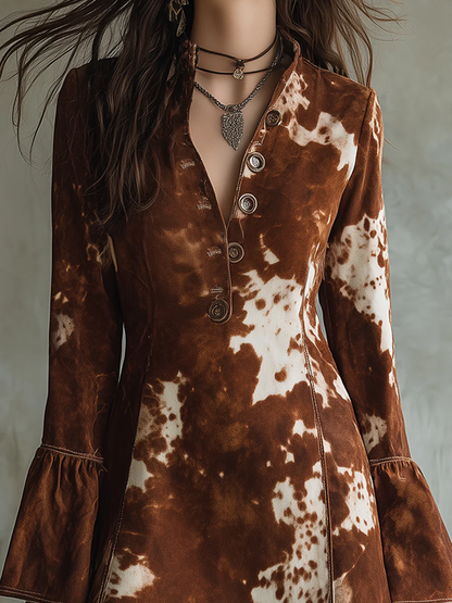 Chicyis Brown Cow Print Mini Dress - Button Down Flare Sleeve Boho