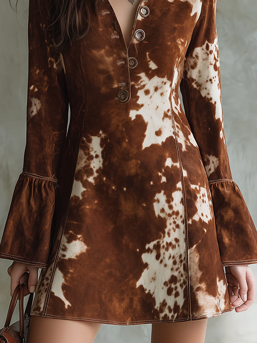 Chicyis Brown Cow Print Mini Dress - Button Down Flare Sleeve Boho