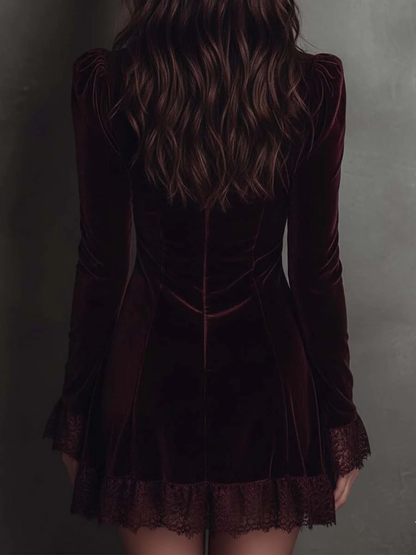Chicyis Burgundy Velvet Mini Dress - V-Neck Lace Trim Long Sleeve