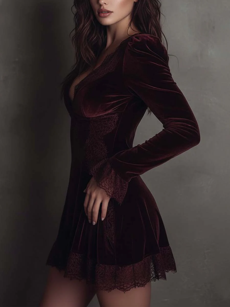 Chicyis Burgundy Velvet Mini Dress - V-Neck Lace Trim Long Sleeve