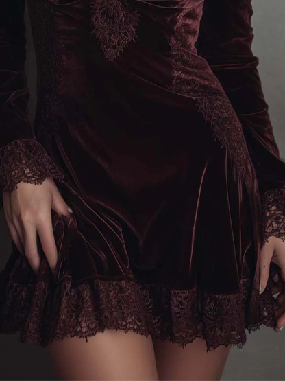 Chicyis Burgundy Velvet Mini Dress - V-Neck Lace Trim Long Sleeve