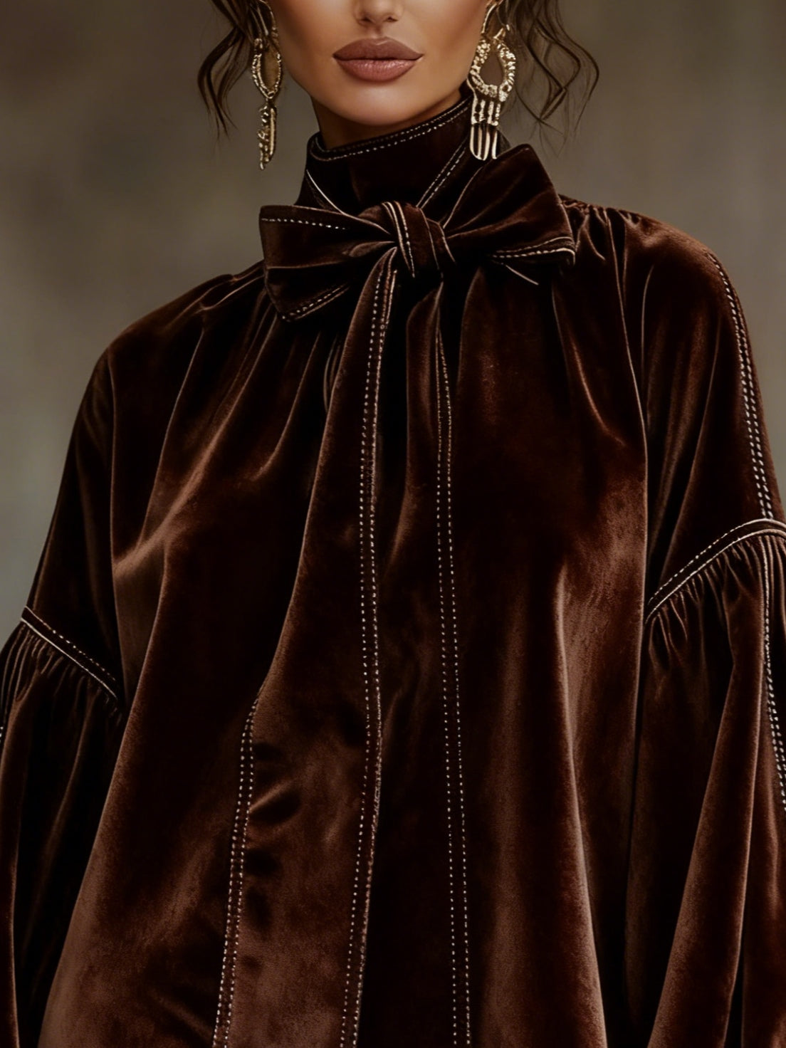 Chicyis Brown Velvet Mini Dress - Bow Neck Bishop Sleeve Elegant