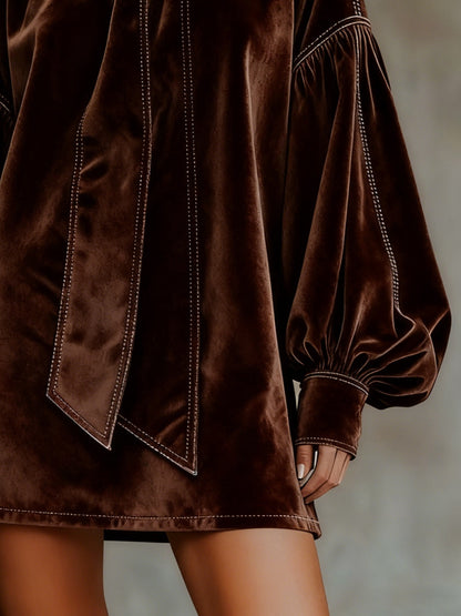 Chicyis Brown Velvet Mini Dress - Bow Neck Bishop Sleeve Elegant