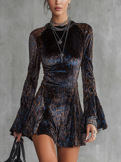 Chicyis Blue Leopard Velvet Mini Dress - High Neck Bell Sleeve