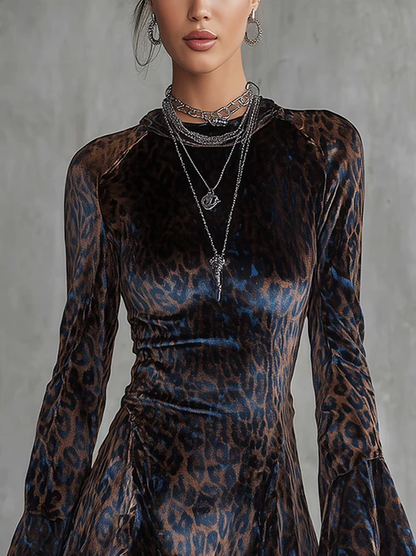 Chicyis Blue Leopard Velvet Mini Dress - High Neck Bell Sleeve