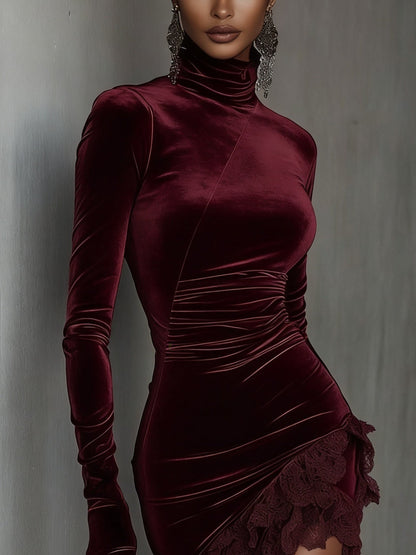 Chicyis Burgundy Velvet Bodycon Mini Dress - Turtleneck Lace Hem