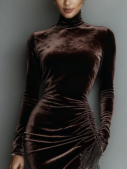 Chicyis Chocolate Velvet Maxi Dress - Lace Trim & Irregular Hem