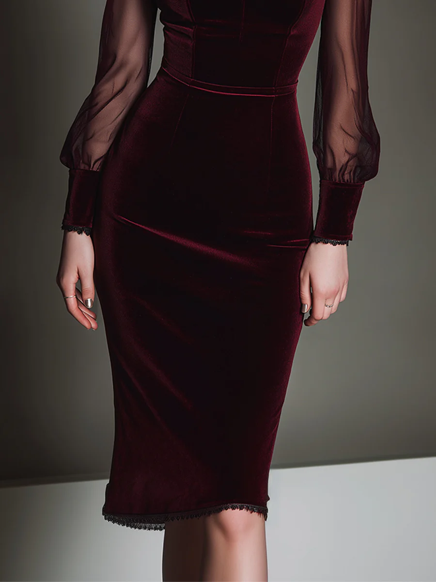 Chicyis Elegant Burgundy Velvet Pencil Dress - Chic Sweetheart Design