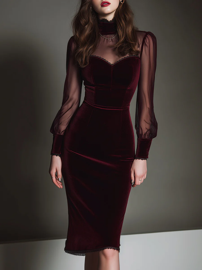 Chicyis Elegant Burgundy Velvet Pencil Dress - Chic Sweetheart Design