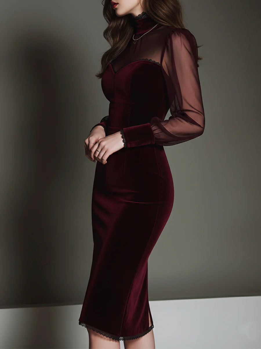 Chicyis Elegant Burgundy Velvet Pencil Dress - Chic Sweetheart Design