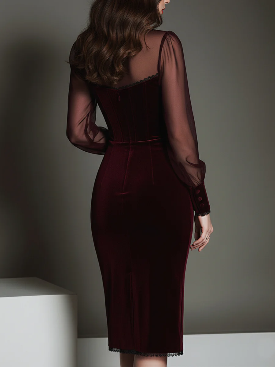 Chicyis Elegant Burgundy Velvet Pencil Dress - Chic Sweetheart Design