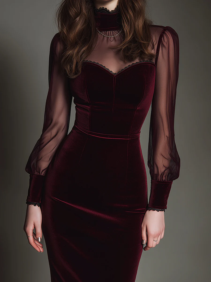 Chicyis Elegant Burgundy Velvet Pencil Dress - Chic Sweetheart Design