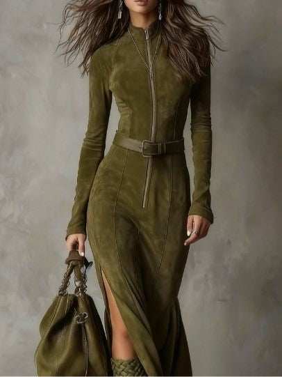 Chicyis Vintage Green Suede Maxi Dress - Elegant Zipper & Slit Fit