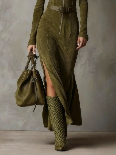 Chicyis Vintage Green Suede Maxi Dress - Elegant Zipper & Slit Fit