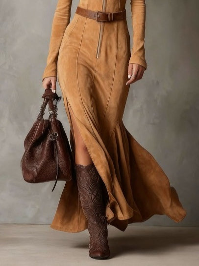 Chicyis Vintage Camel Suede Maxi Dress - Elegant Zipper & Slit Fit