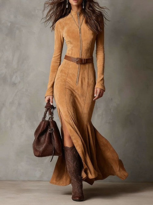 Chicyis Vintage Camel Suede Maxi Dress - Elegant Zipper & Slit Fit