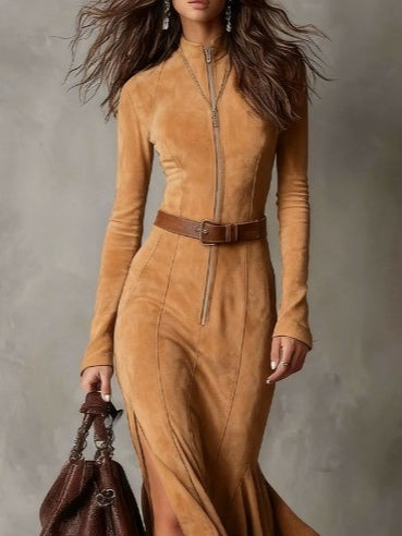 Chicyis Vintage Camel Suede Maxi Dress - Elegant Zipper & Slit Fit